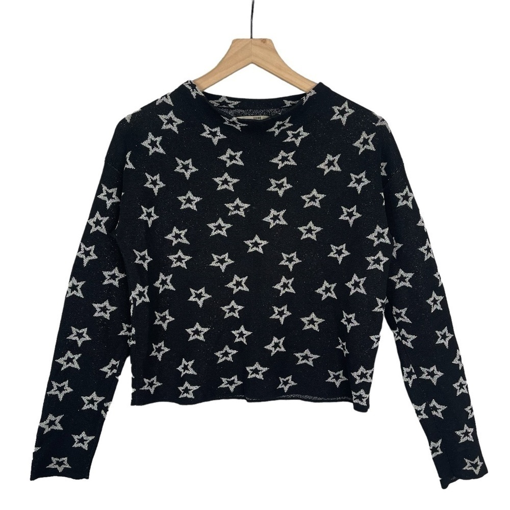 Milly Sweater XS Wool Knit Mock Neck Metallic Shooting Stars Print Celestial